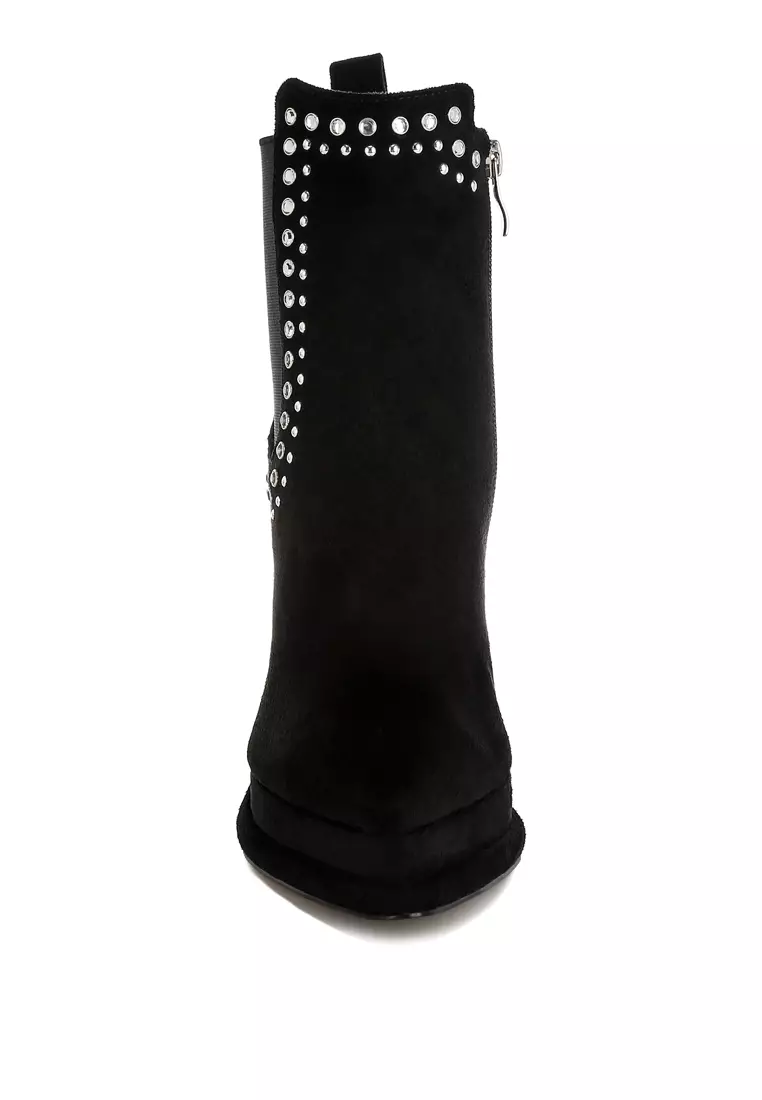 Studs Embellished High Ankle Boots in Black