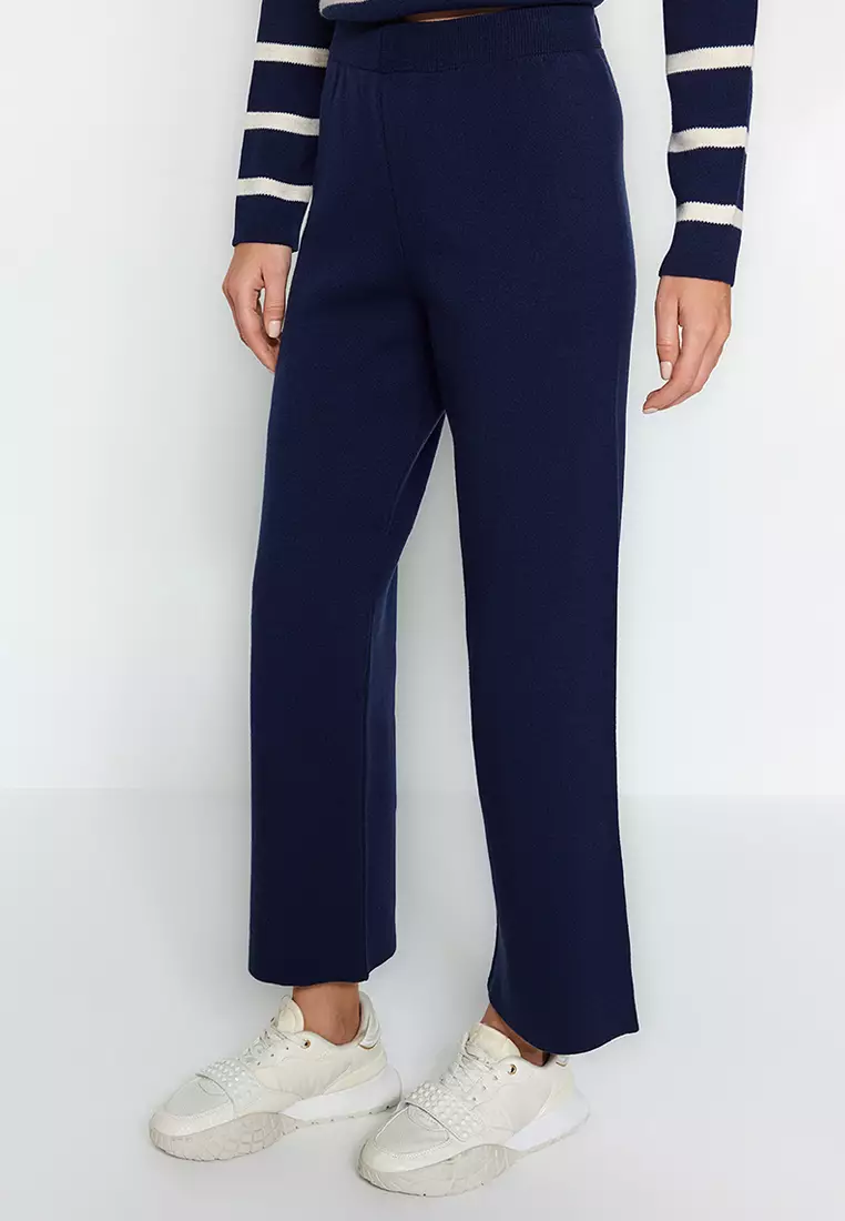 Navy Blue Striped Knitwear Trousers Bottom-Top Set TWOAW24AU00045