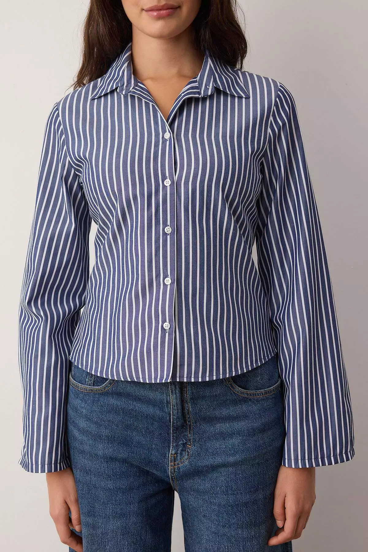 Navy Blue-White Corset Detailed Fitted Waist Shirt Twoaw26Go55