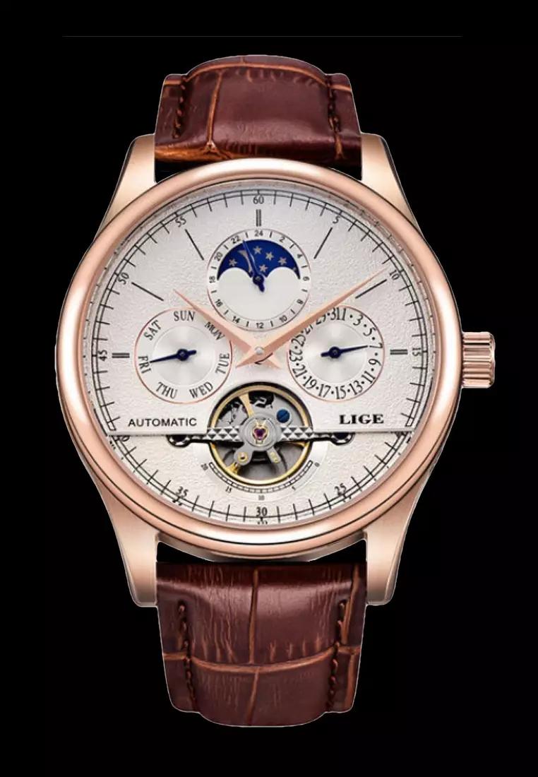 Unisex AUTOMATIC IP Rose Gold Color Stainless Steel Watch 44mm, Brown Leather Strap