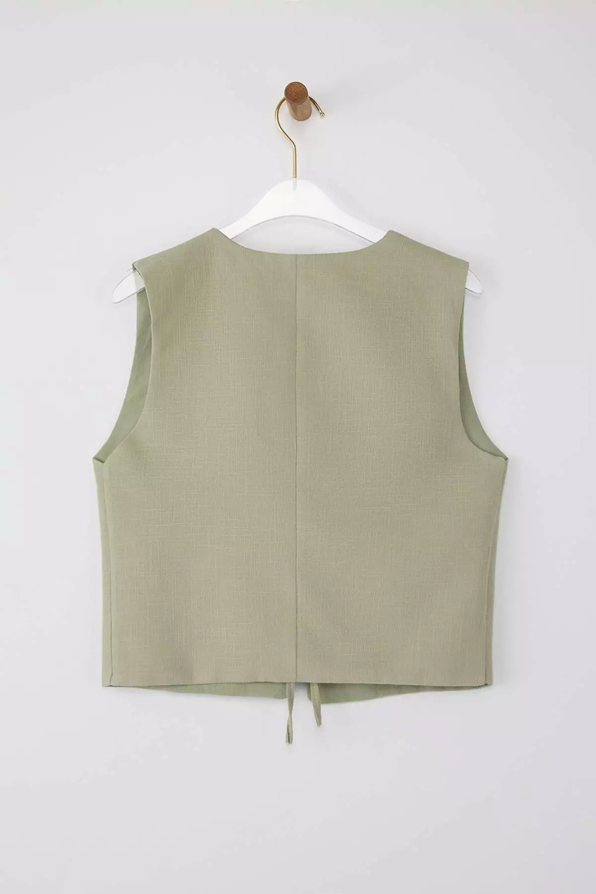 Khaki Tie Detail Linen Look Vest