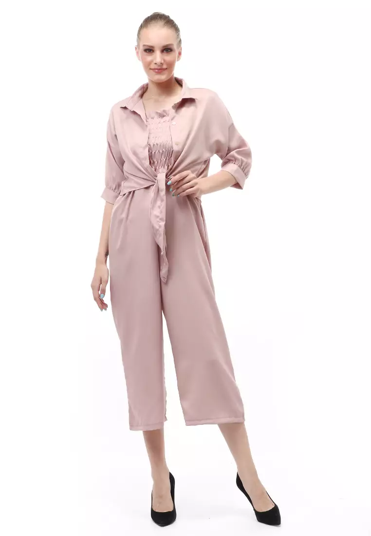 Jumpsuit Wanita Casual Motif Solid Setelan Relaxed Fit - Coklat Susu