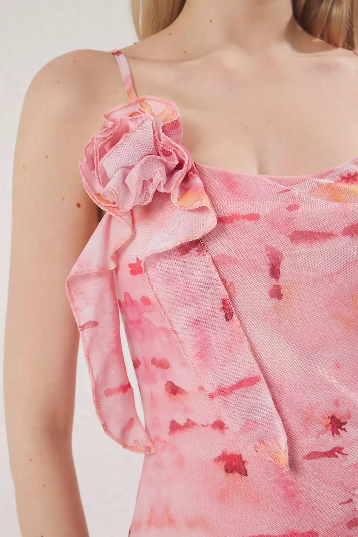 Pink Abstract Printed Tulle Drawstring / Drape Maxi Knitted Dress