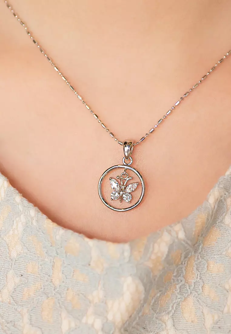 SO SEOUL Caria Butterfly in Circle Diamond Simulant Zirconia Pendant Chain Necklace