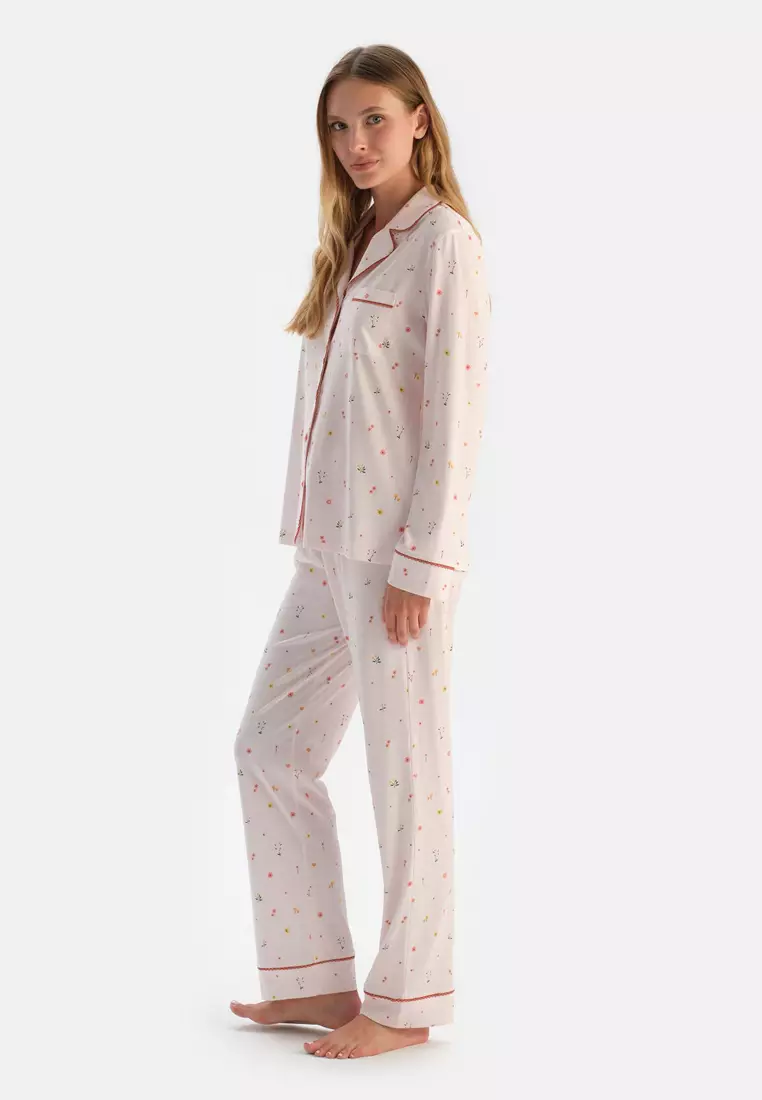 Ecru Shirt & Trousers, Flower Print, Shirt Collar, Regular Fit, Long Sleeve Sleepwear for Women