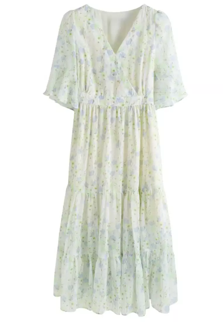 V Neck Floral Printed Dress