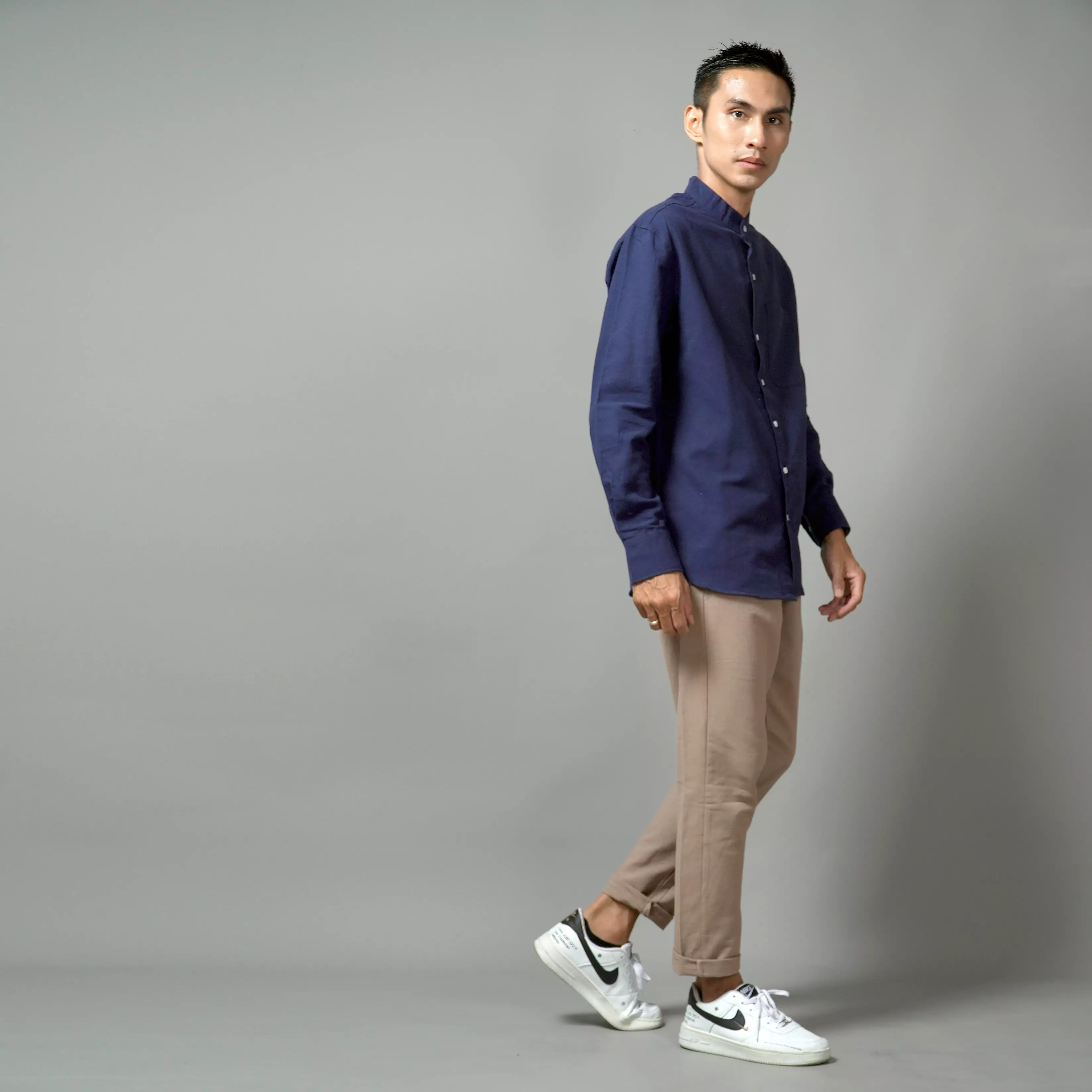  ASHRAF Kemeja Pria Casual Linen Baju Koko Kemeja Lengan Panjang - Navy
