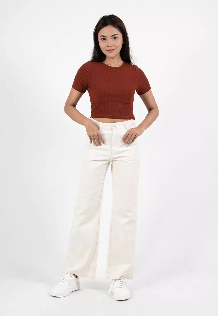 Forest Ladies Casual Knit Crop Top Women Crop T-Shirt - 822357-11Brown