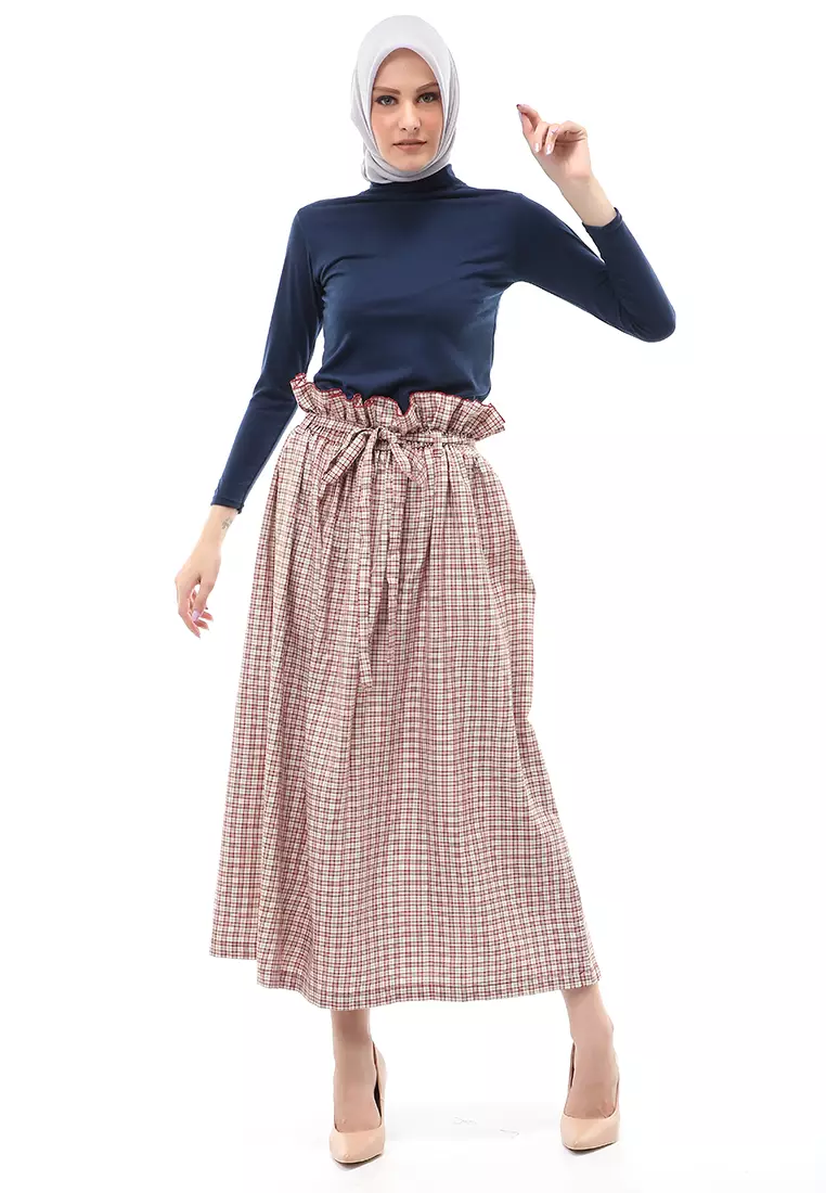 Amel Long Skirt Bawahan Wanita Motif Kotak-Kotak Regular Fit - Crimson