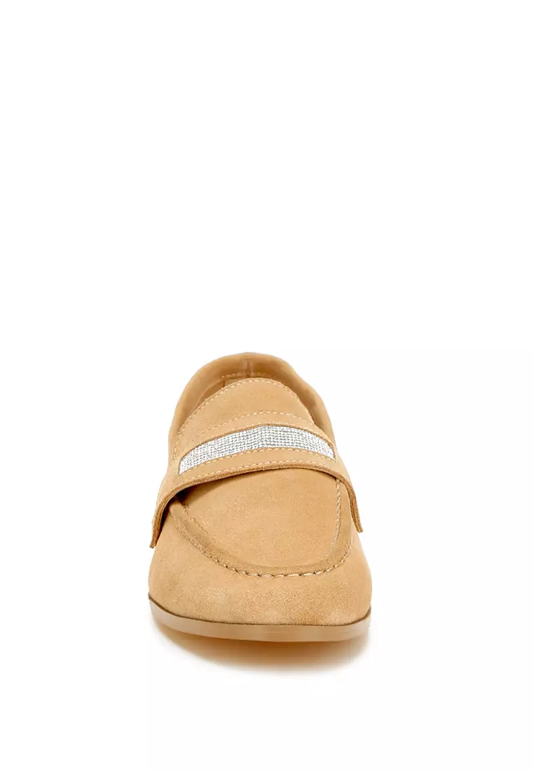 Sepatu Loafer Tali Penny Berlian Imitasi Warna Beige