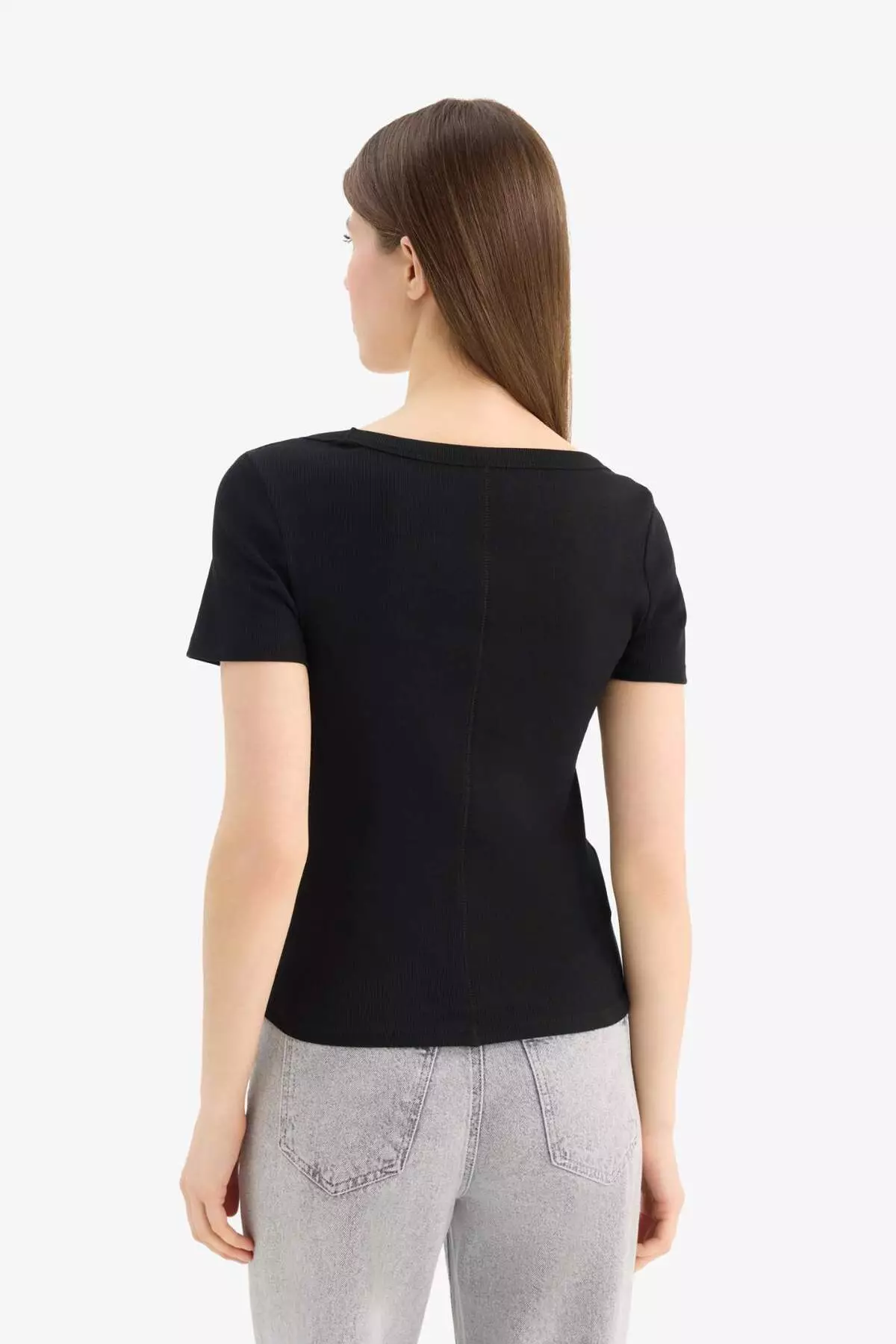 Slim Fit Tight Fit Crew Neck Basic Plain Ribbed Camisole Short Sleeve Black T-Shirt F0684Ax25Sp