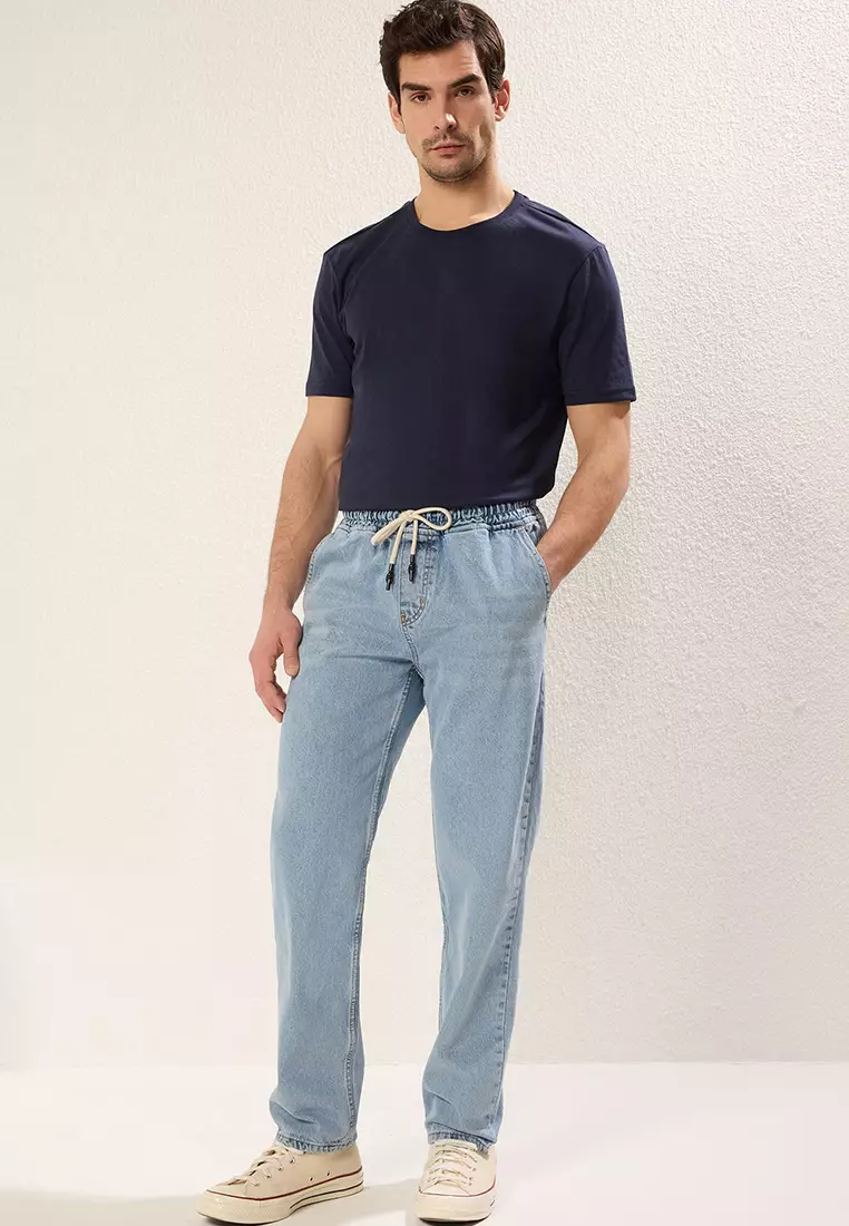 Blue Regular Fit Elastic Waist Wide Cut Loose Jeans TMNAW24JE00025