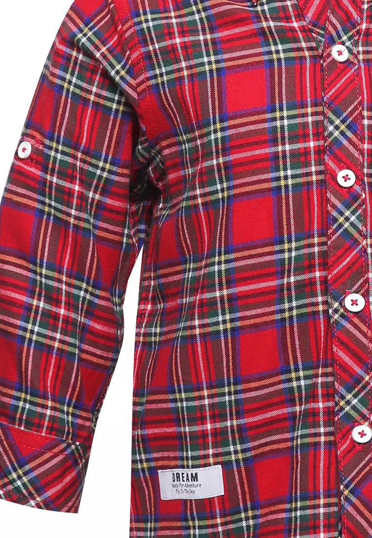Qna Boy Edrei Kemeja Panjang anak Merah Motif Garis