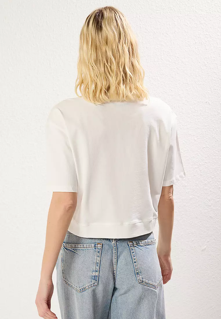 Ecru Relaxed/Comfortable Crop Crew Neck Knitted T-Shirt