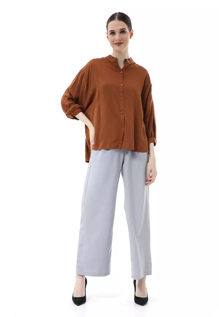 Ghita Kemeja Atasan Wanita Motif Polos Long Sleeve High Quality - Caramel