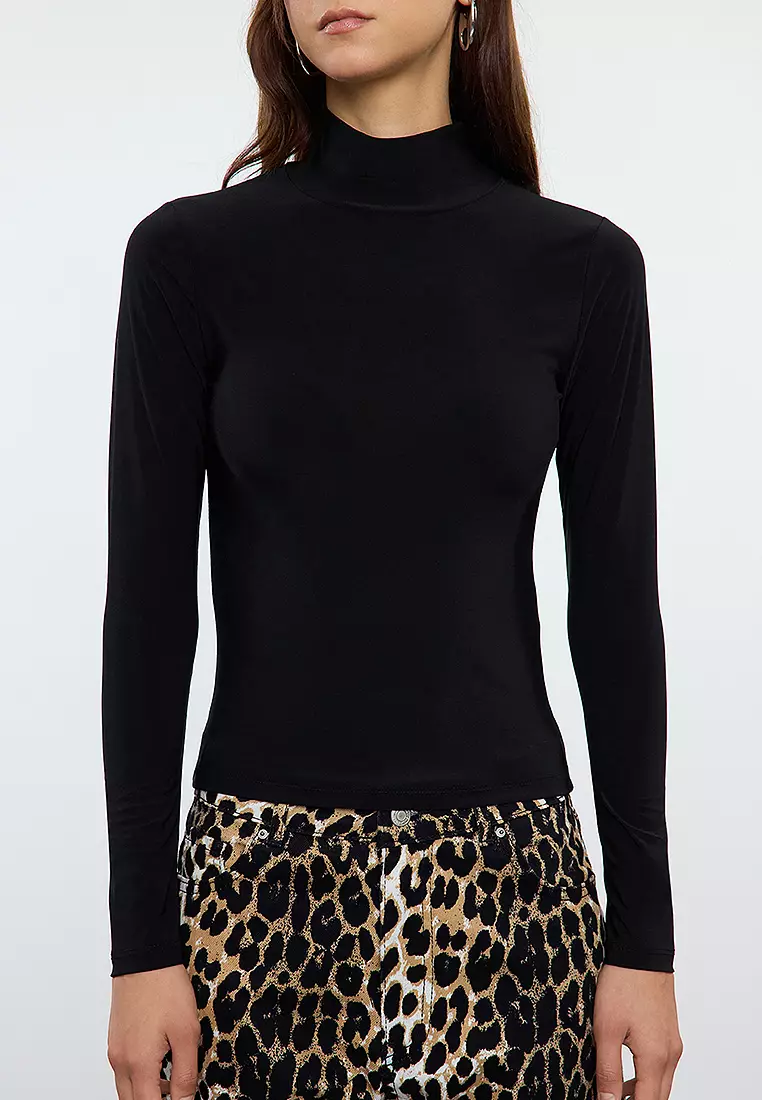 Black Fitted Long Sleeve High Collar Ribbed Stretchy Knitted Blouse