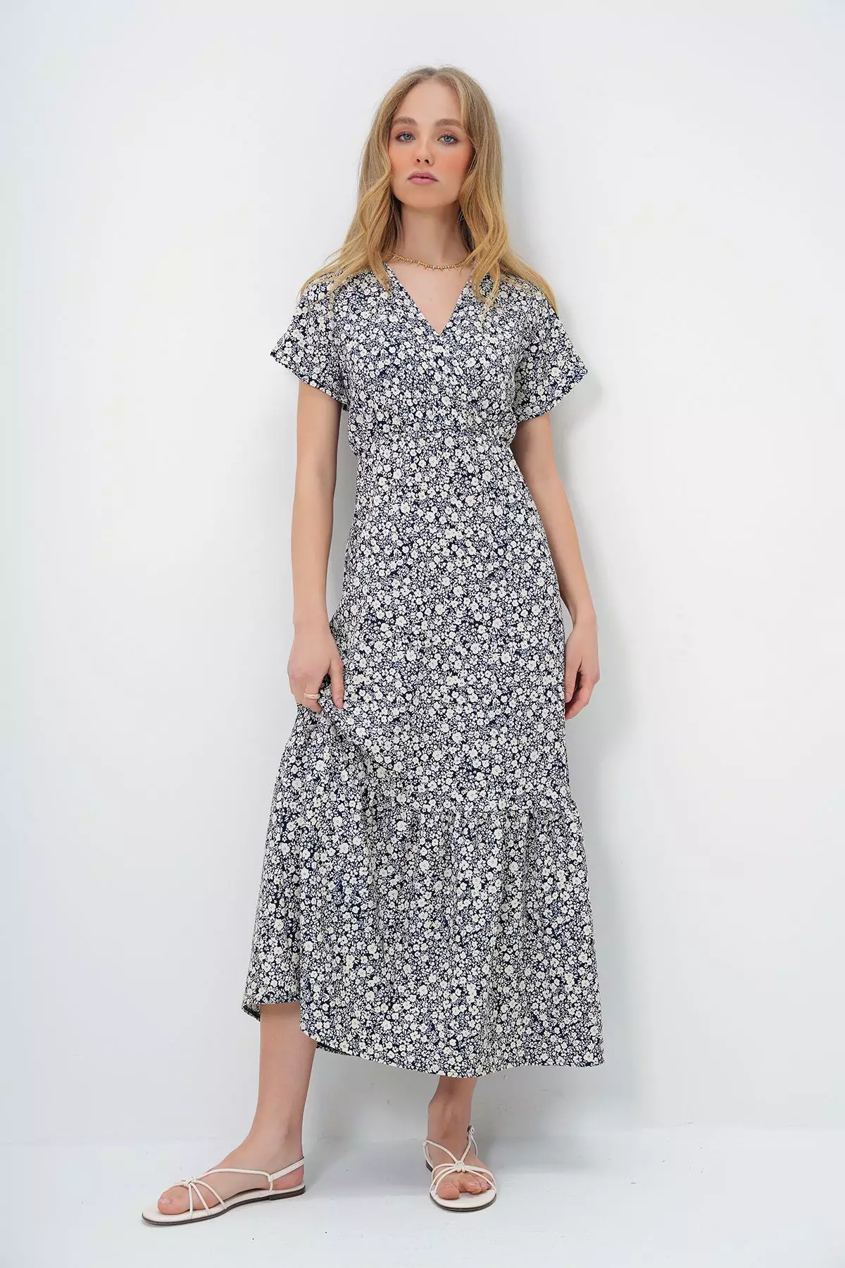 Navy Blue Patterned Maxi Short Classic Maternity Dress