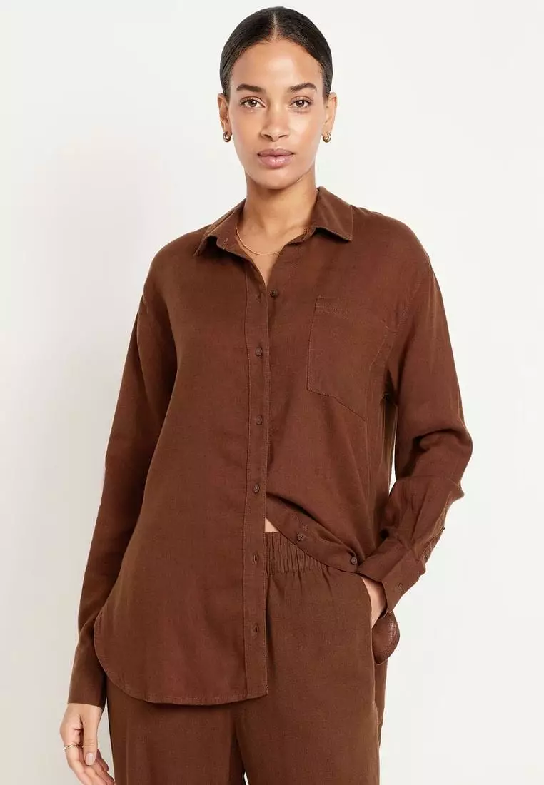 Linen-Blend Loose Button-Down Shirt