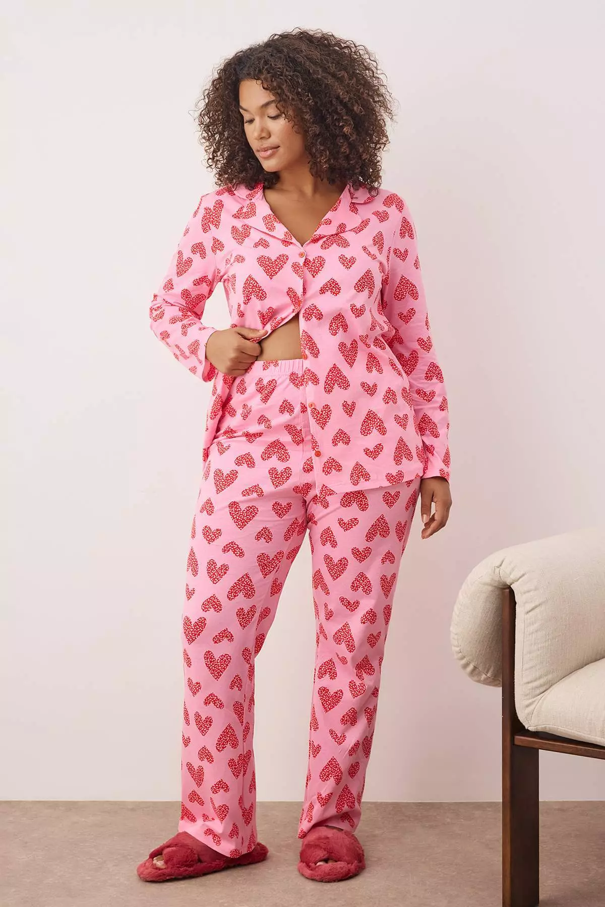 Pink 100% Cotton Heart & Leopard Patterned Shirt-Pants Knitted Pajama Set Tbbaw26Ai00017