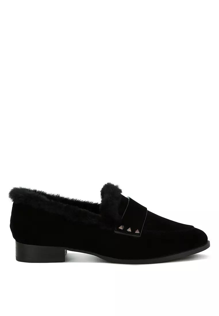 Discount on Rag & CO.  shoes - SKU: Fur Trim Suede Loafers in Black