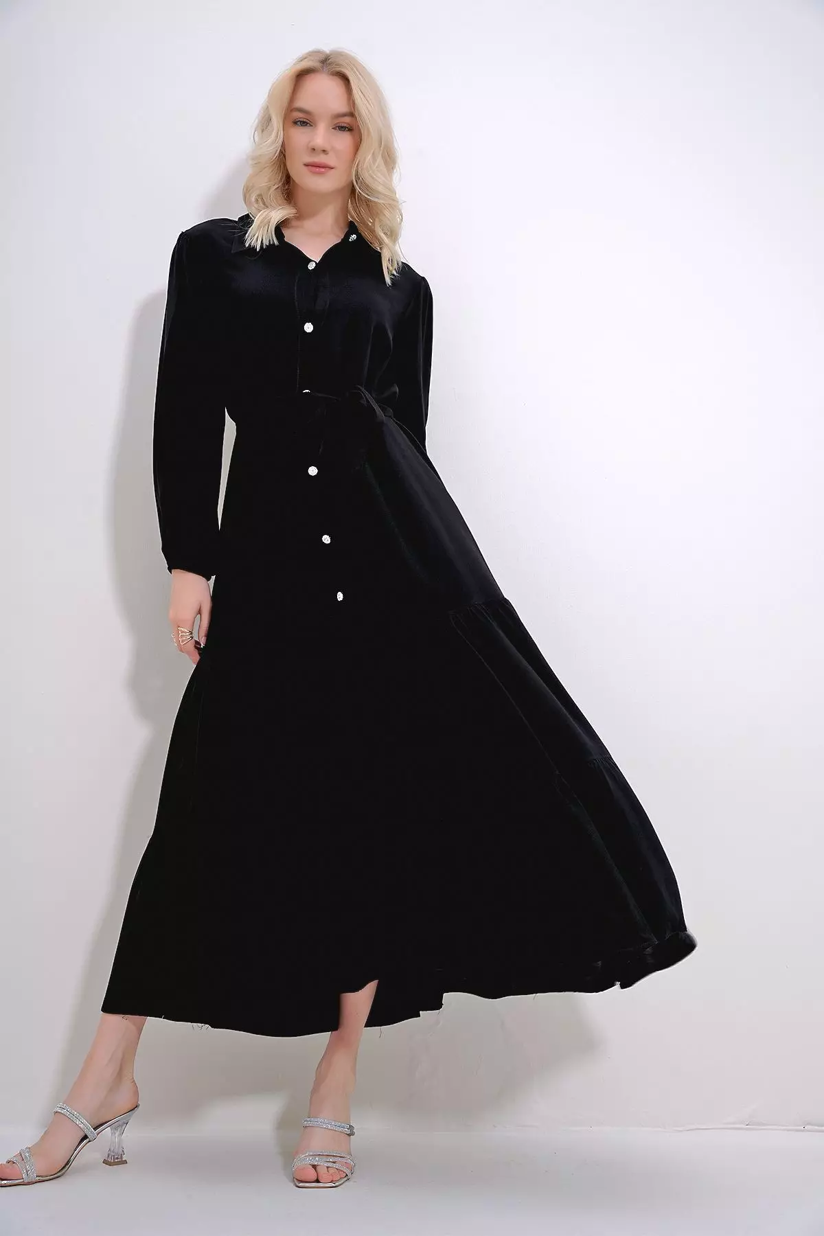 Women's Black Shirt Collar Stone Button Detailed Skirt Frilly Woven Viscose Dress