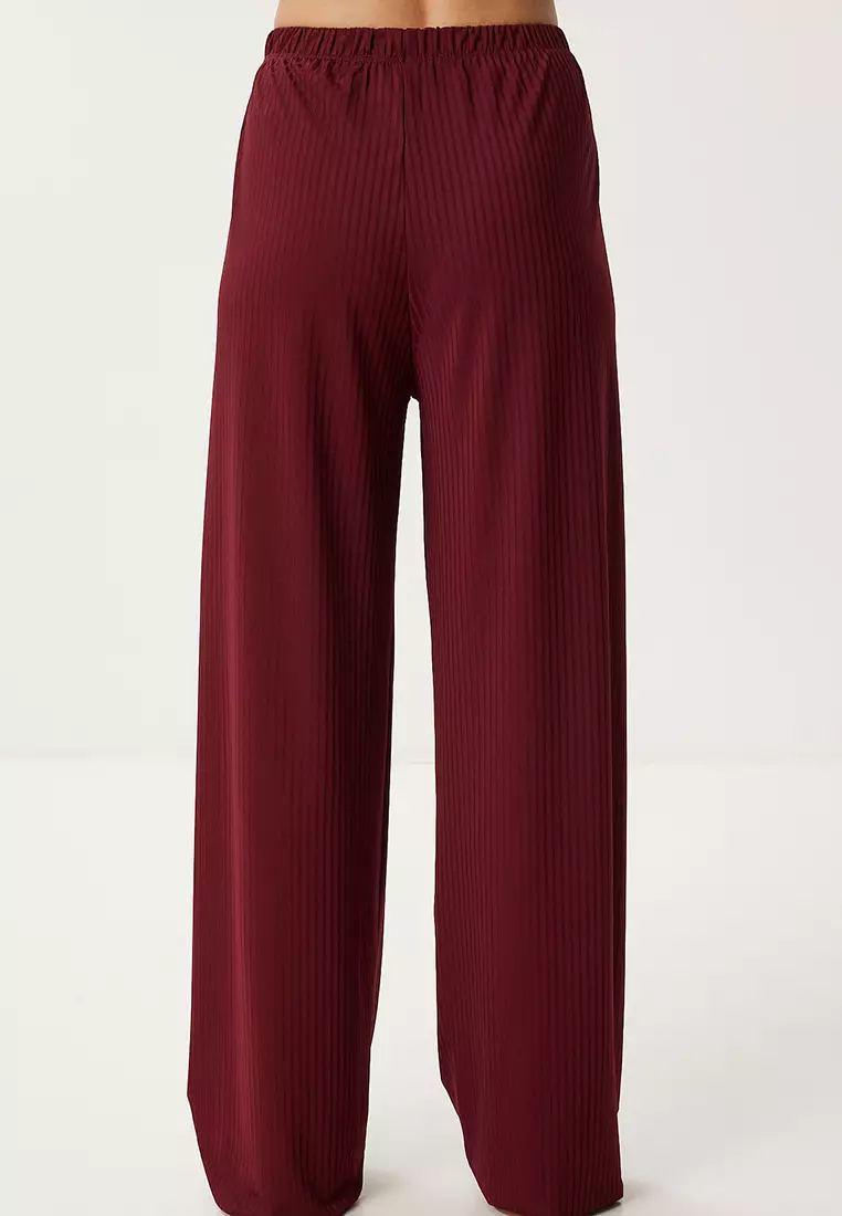 Women's Burgundy Wide Leg Comfortable Knitted Trousers Pb00054