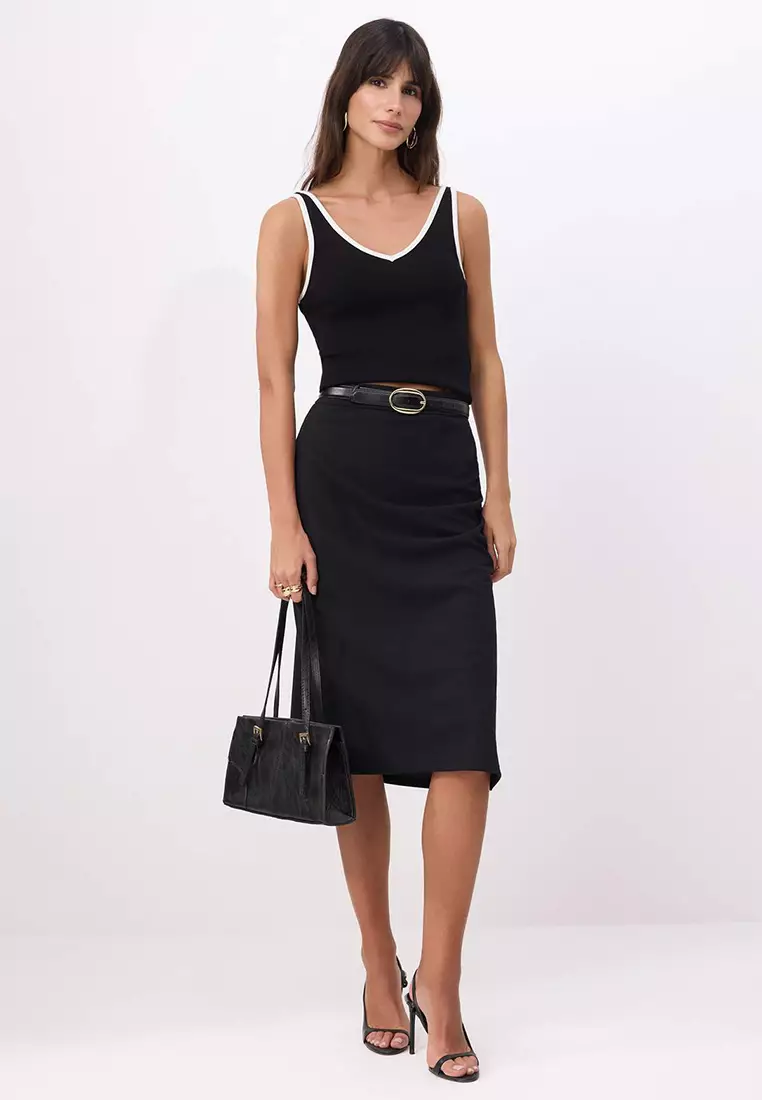 Black Straight Pencil Slit Normal Waist Midi Scuba Crepe Knitted Skirt Twoss26Et15