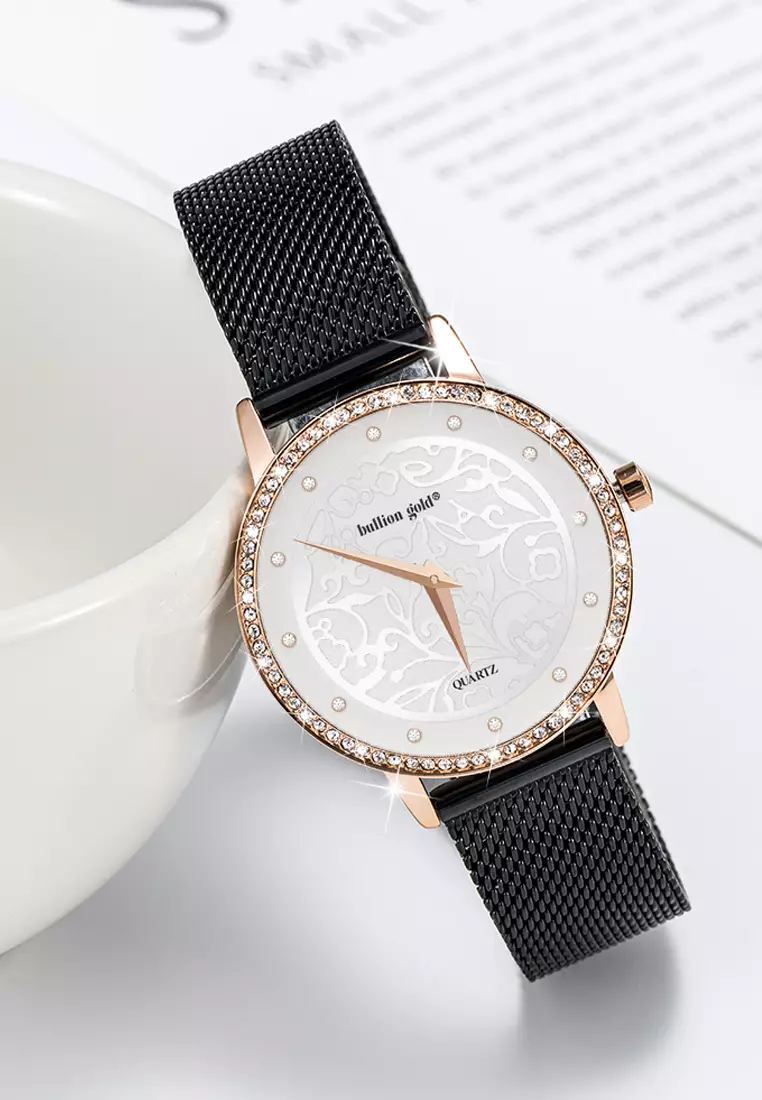Elite Watch Embellished with Rhinestone - Rose Gold and White