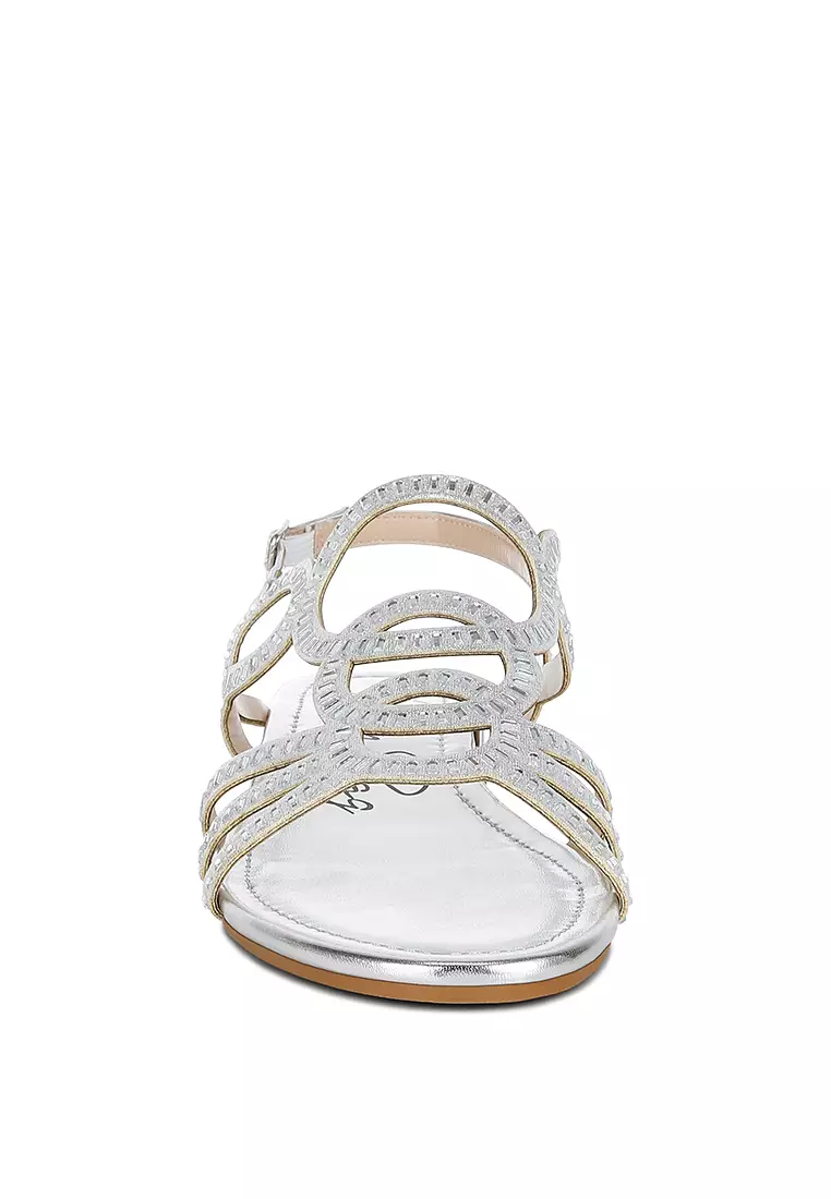 Cut Out Detail Rhinestone Flat Sandals in Silver