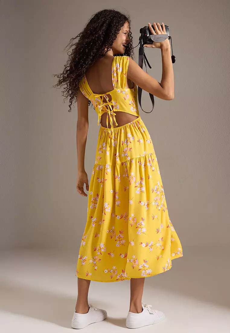 Yellow Floral Cut Out / Flounce Midi Woven Dress TWOSS21EL0709