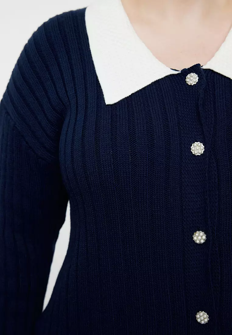 Navy Blue Knitwear Plus Size Cardigan Tbbaw23Av00084