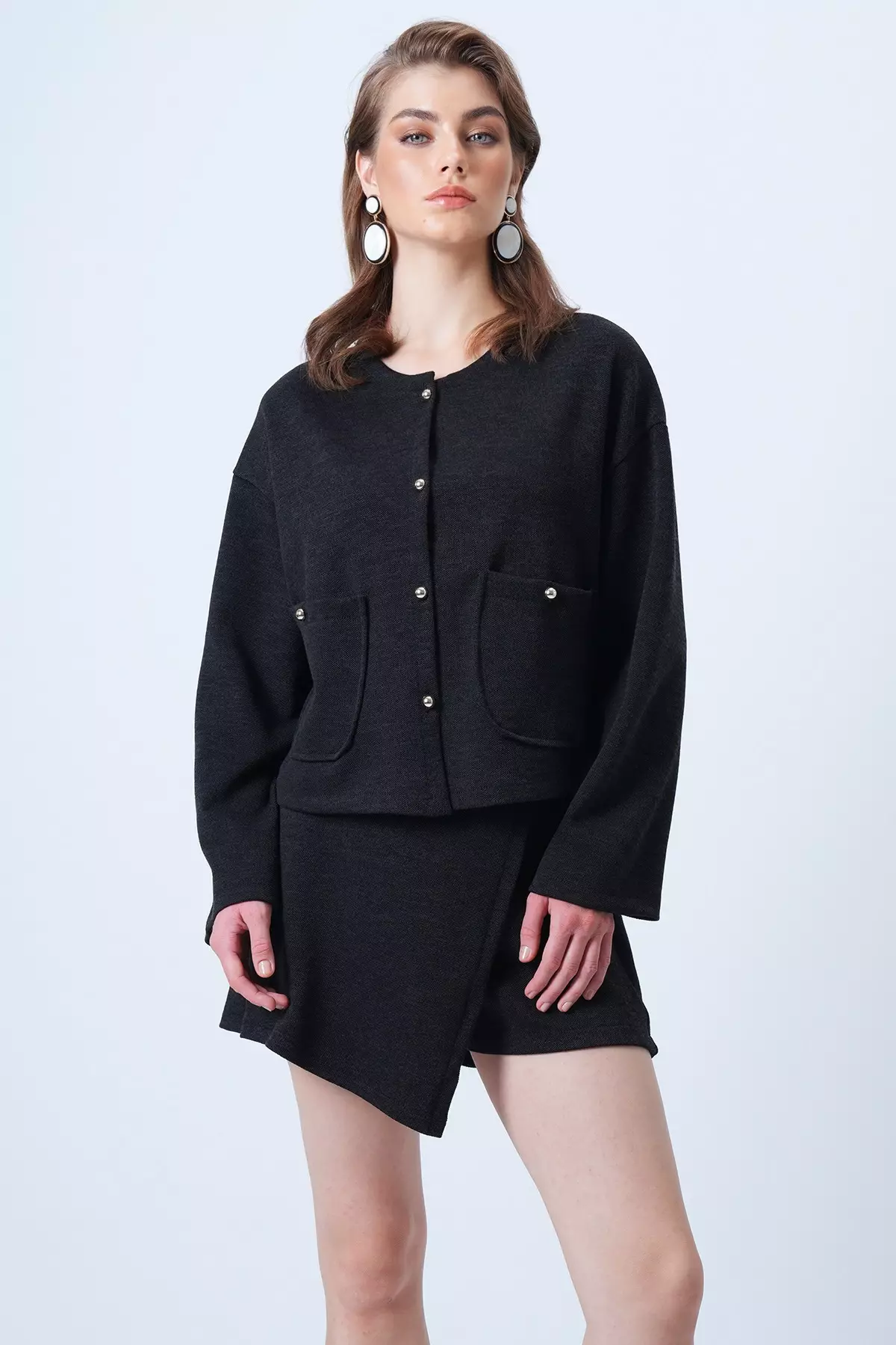 Buy Alacati Black Double Pocket Textured Jacket And Wrap-Cut