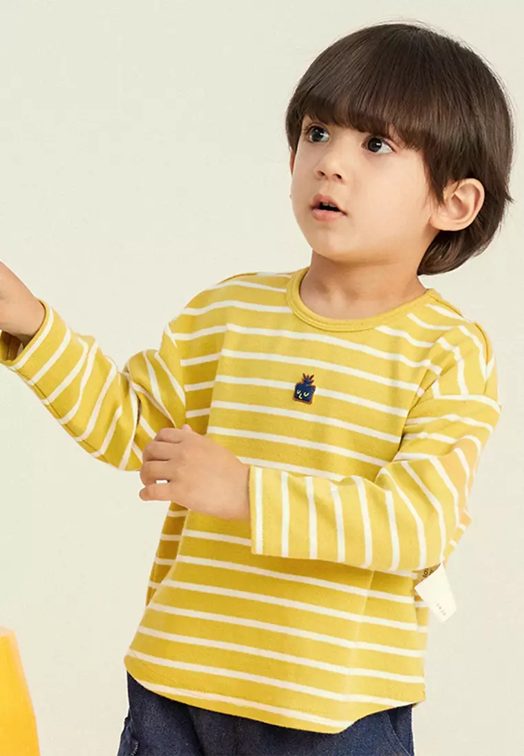 中小童长袖T恤男女童趣味织标舒适条纹衫