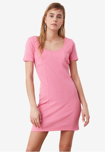 Trendyol pink Scoop Neck Bust Detail Ribbed Dress FFCDEAAE904A28GS_1