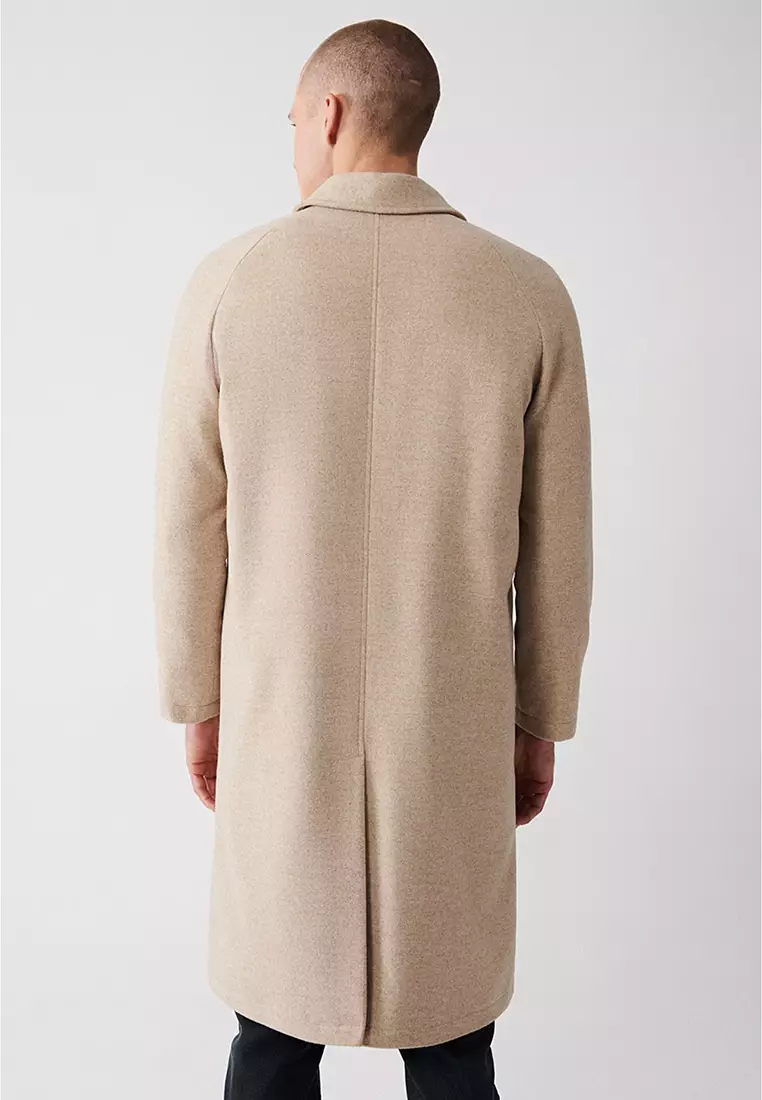 Men's Beige Wool Hidden Placket Raglan Sleeve Long Cashmere Coat A32Y6102