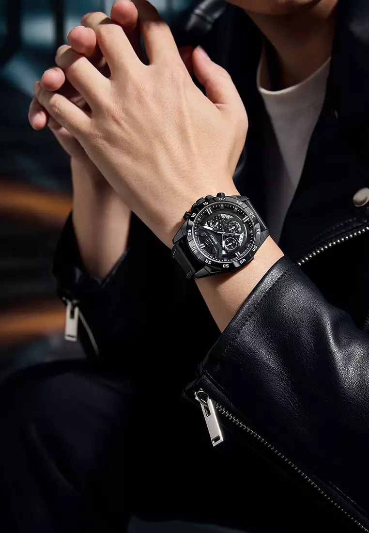 Jam Tangan Pria Original Multifungsi Analog & Digital Anti Air Tali Kulit Jam Tangan Cowok allblack