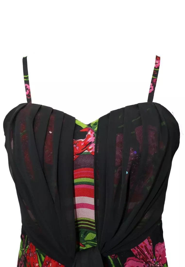 永恆花卉圖案印花釘珠連衣裙