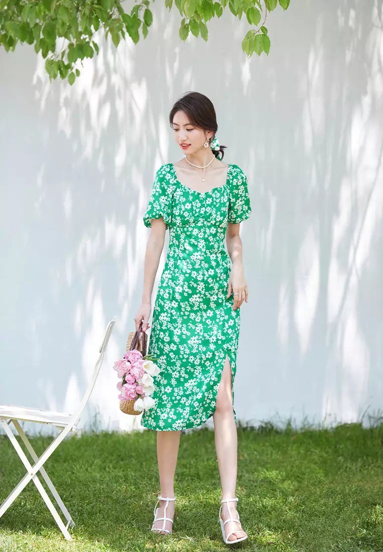 knee length dresses for ladies Puff Sleeve Split Hem Midi Dress - Women's Formal & Casual Midi Dresses -  White - Dresses main image 1