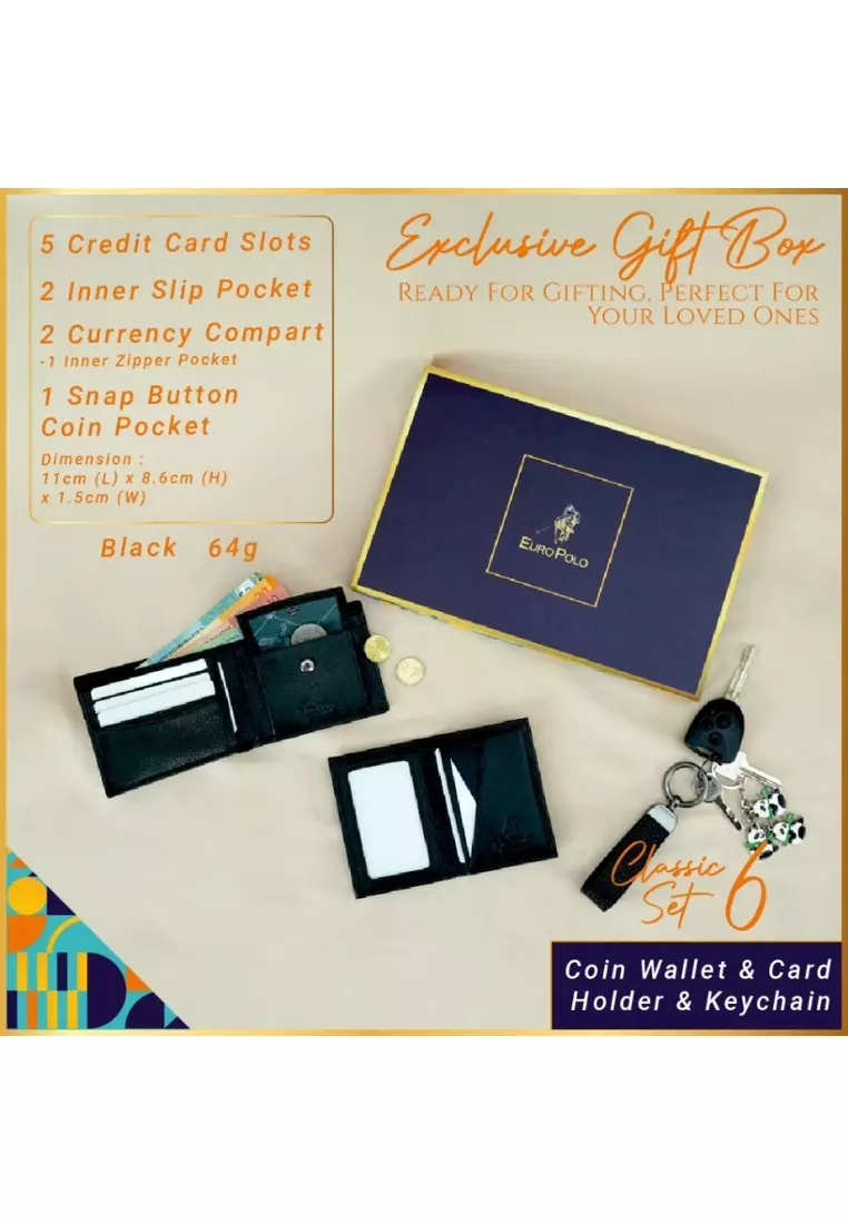 Men's Grain Leather Coin Wallet Cardholder Keychain Classic Gift Set