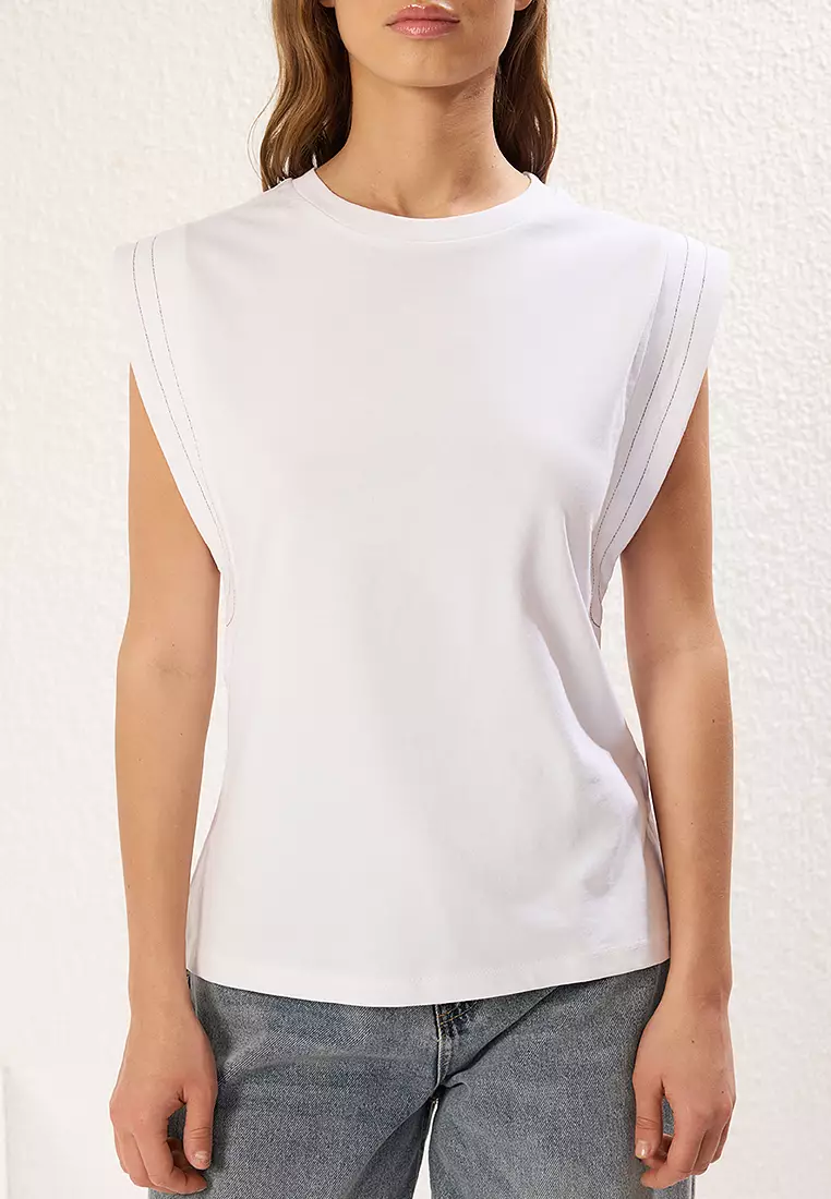 White Sleeve Stitch Detail Crew Neck Knitted T-Shirt