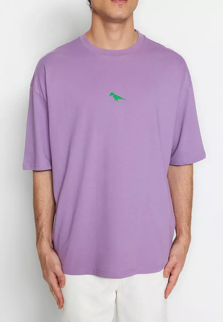 Crew Neck Short Sleeve Dinosaur Embroidered T-Shirt