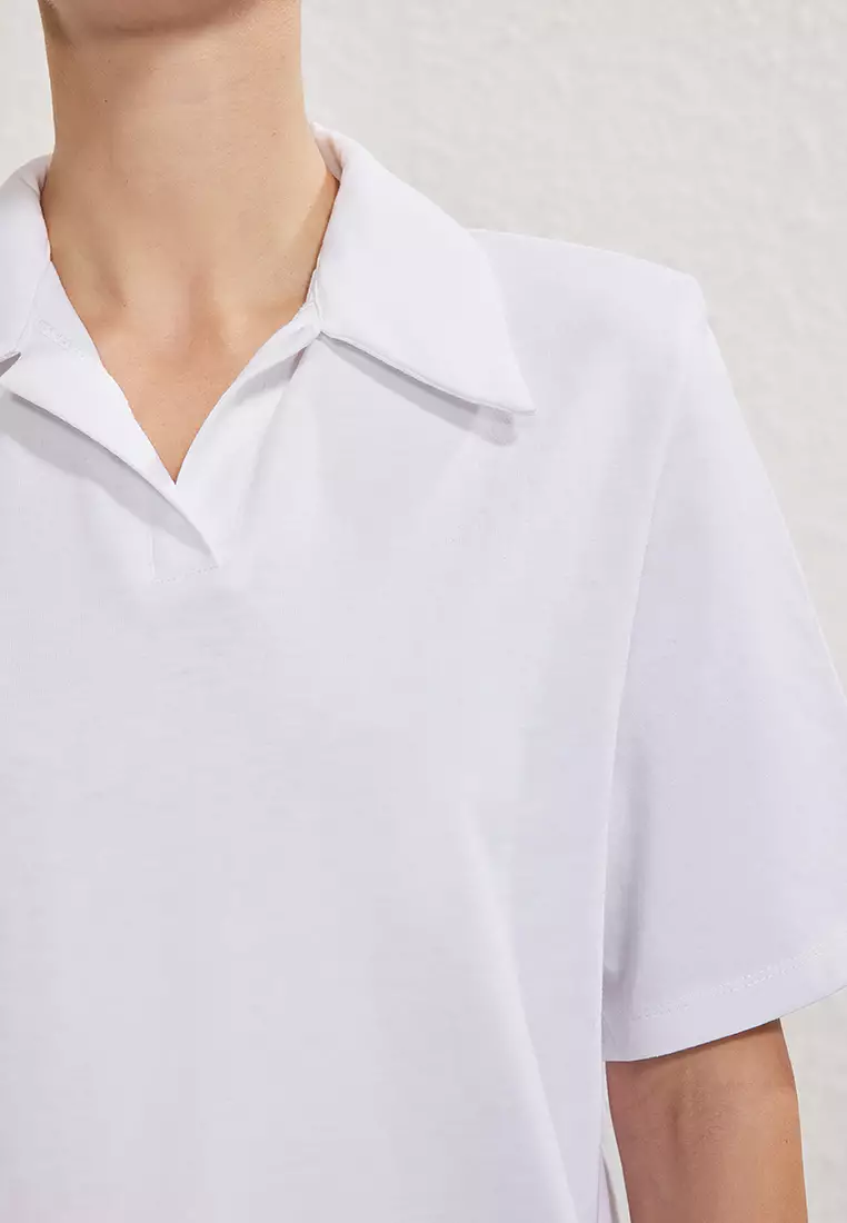 Ecru Cotton Padded Polo Collar Regular/Normal Pattern Knitted T-Shirt TWOSS25TS00195