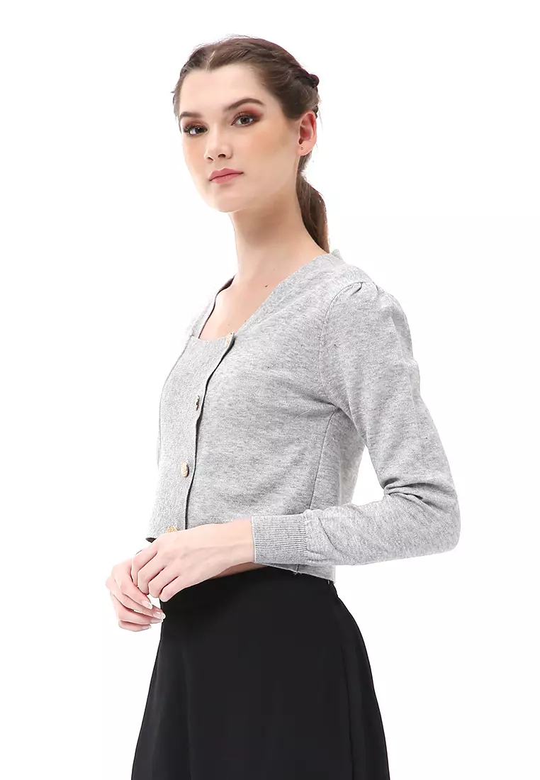 Albertine Atasan Wanita Top Lengan Panjang Model Kancing Samping Material Rajut ORIGINAL - Gray
