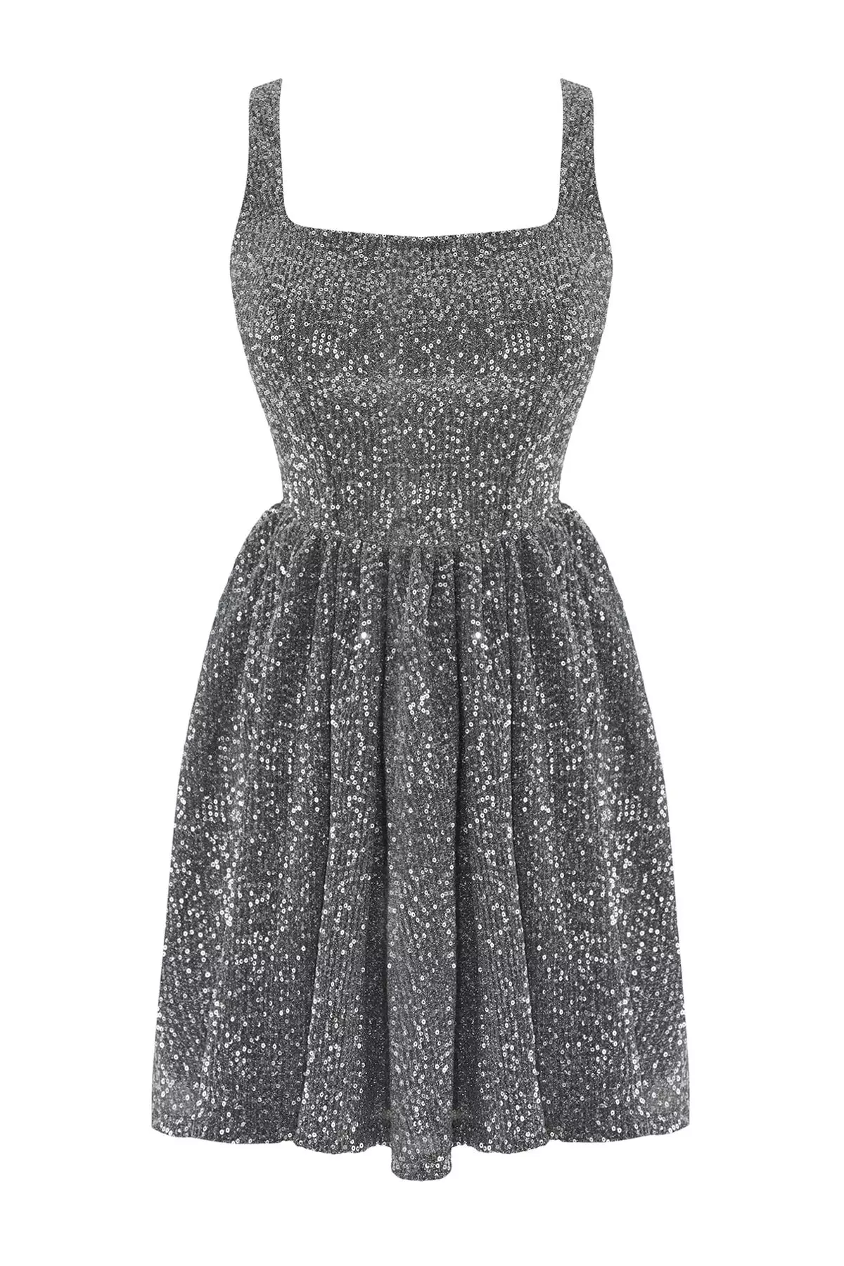 Silver Skirt Waist Opening Sequin Mini Evening Prom Dress TPRSS25EL00286