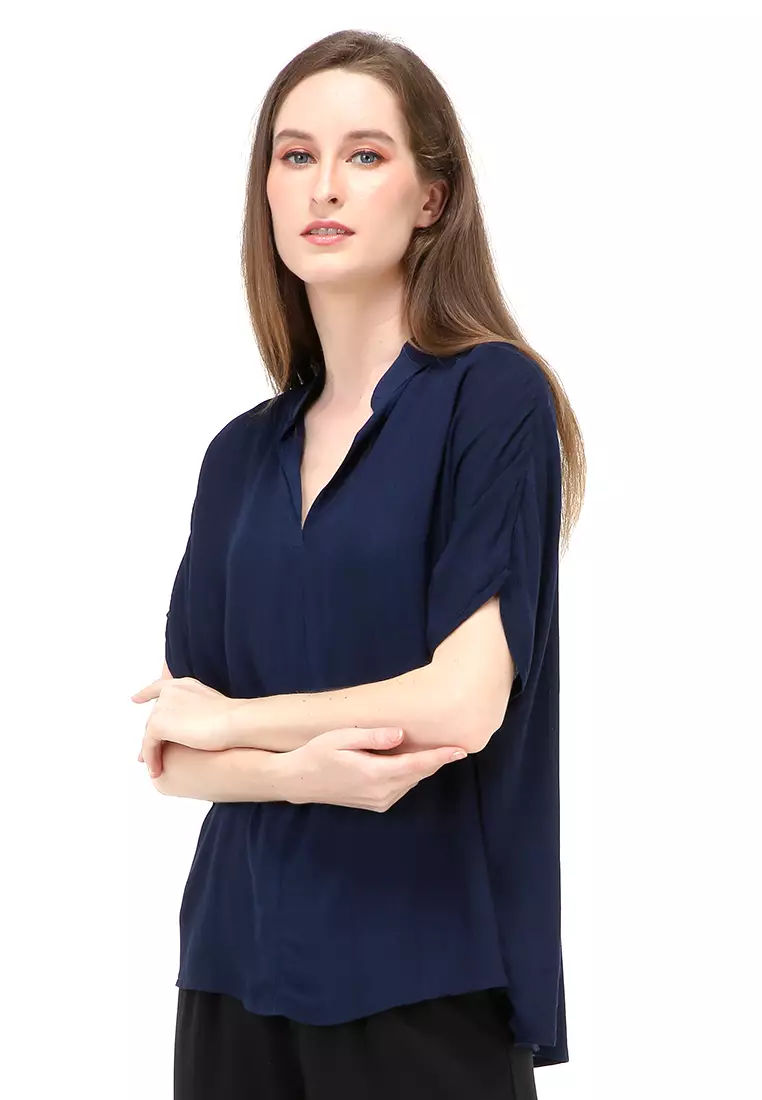 Nela Blouse Short Sleeves Wanita Motif Polos Atasan Casual - Navy