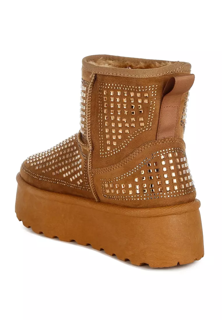 Chunky Rhinestones Ankle Boots in Tan