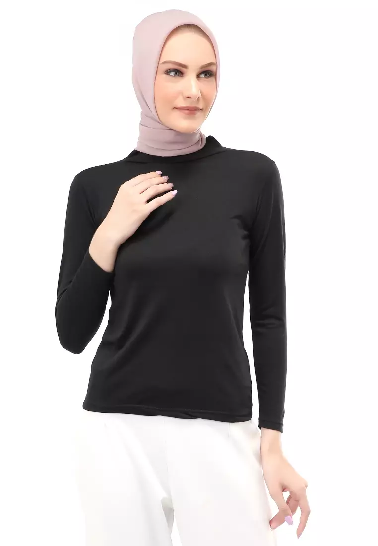 Sabrina Manset Kaos Muslimah Atasan Wanita Long Sleeve Polos Relaxed Fit - Hitam