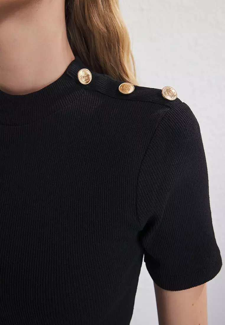 Black Flat Button Detail High Neck Fitted Elastic Ribbed Mini Knit Dress Twoss25El00785
