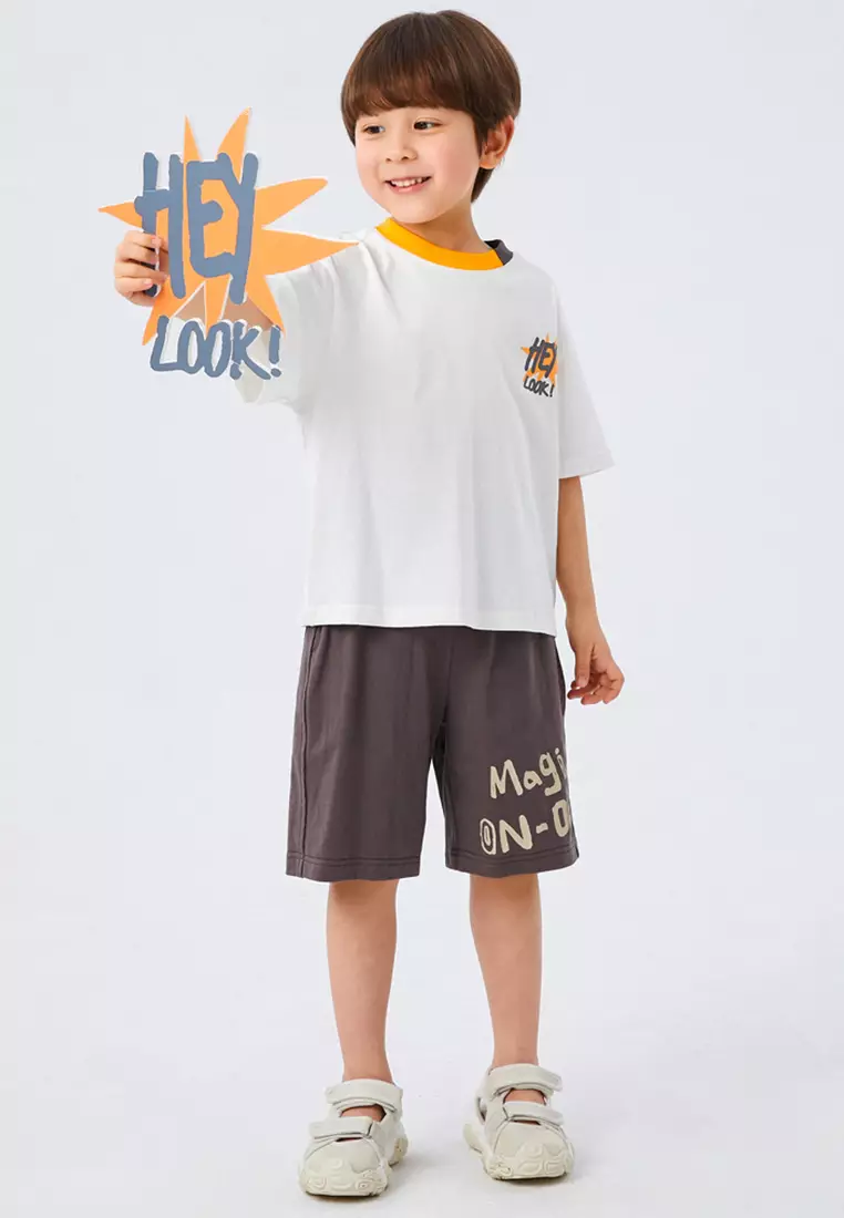 男童短袖T恤撞色圆领漫画印花棉布T恤