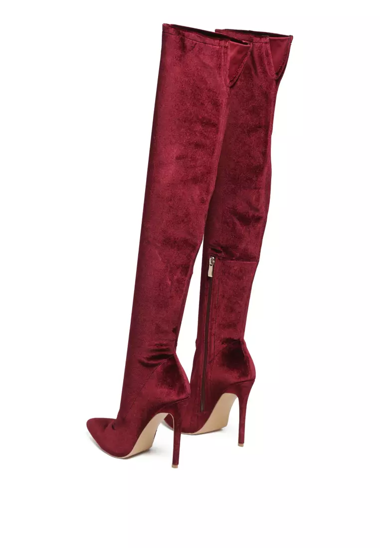 Burgundy velvet over store the knee boots